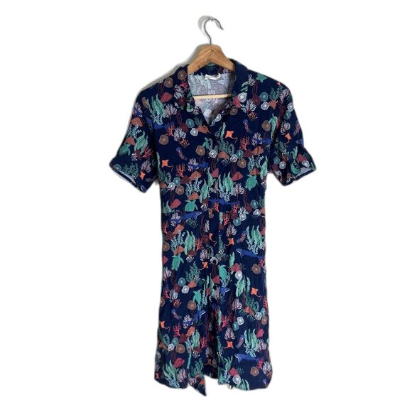 Sugarhill Brighton Dress Womens 10 Navy Sea Life Print Short Sleeve Tie Waist - Picture 1 of 10